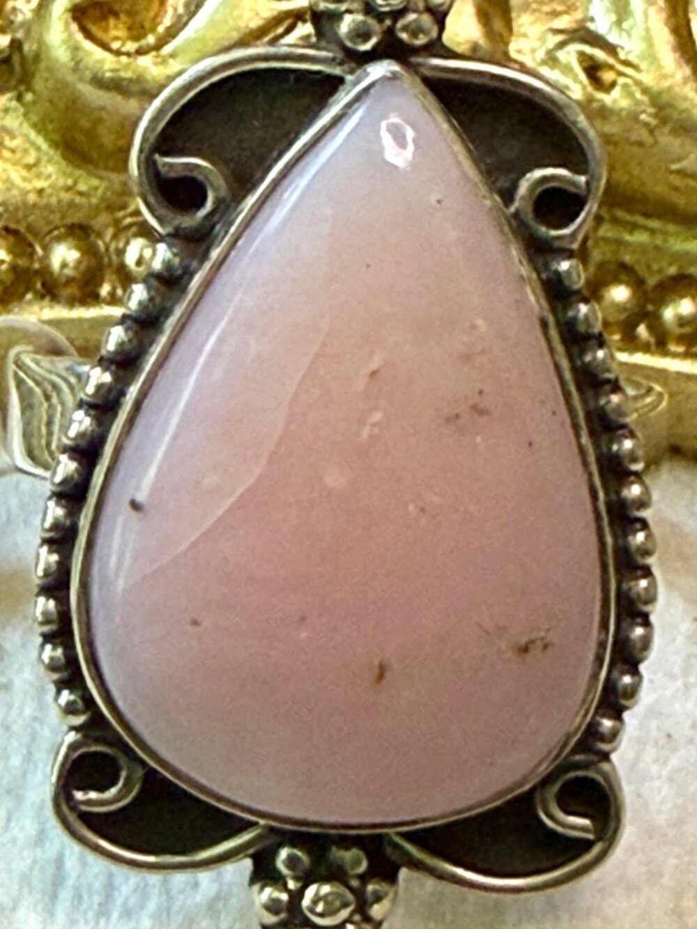 Sterling Silver Pink Opal Ring Ornate Floral Accents Size 9 Teardrop Design